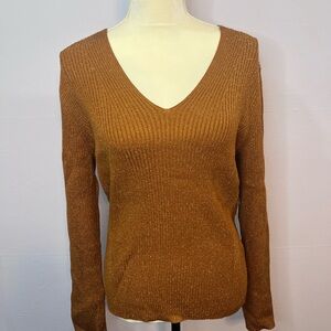 Nine West V-Neck Rust Sparkly Long Sleeve Fitted Top NWT Sz XXL